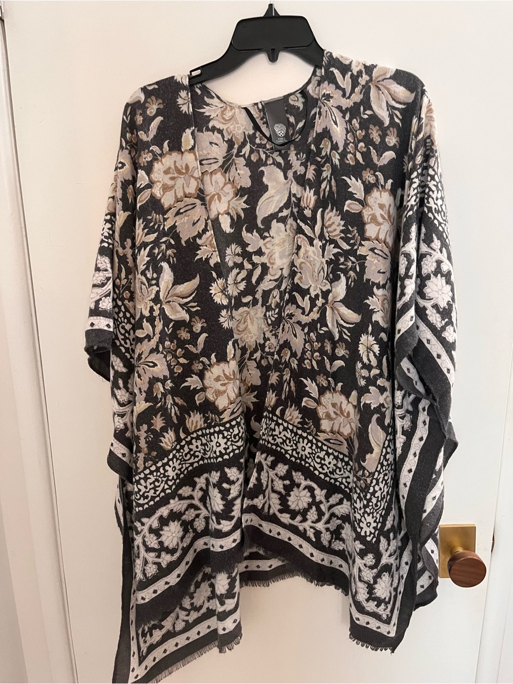 Floral Border Boho Poncho in Black, Cream & Beige